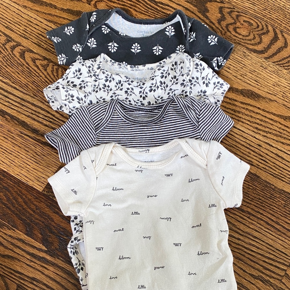 Set of 4 Neutral Floral, Stripe Baby Onesie Bundle - Black, White, 3 Month